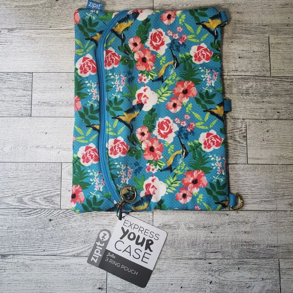Zipit 3 Ring Pouch Case Pens Pencils School Supplies Hummingbird Flowers Blue
